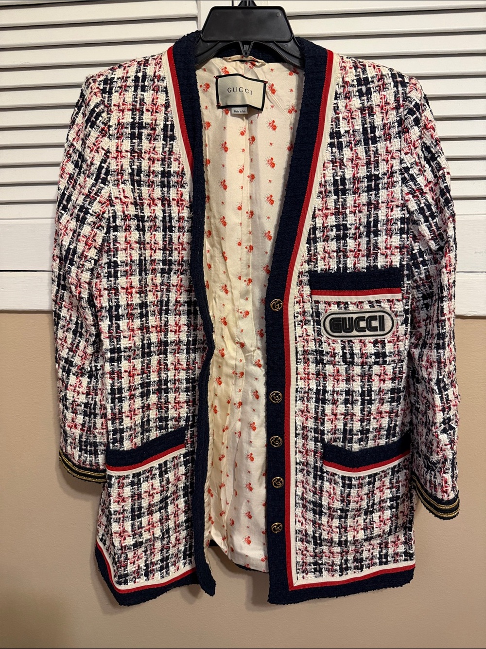 Gucci Navy, Red & White Tweed Blazer with Logo Patch